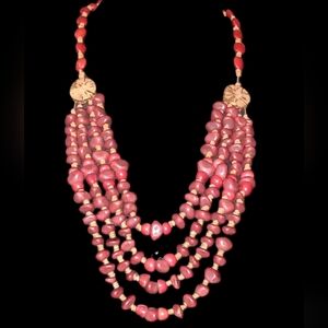 Rustic beaded multistrand unique necklace no clasp red and brown, tan
